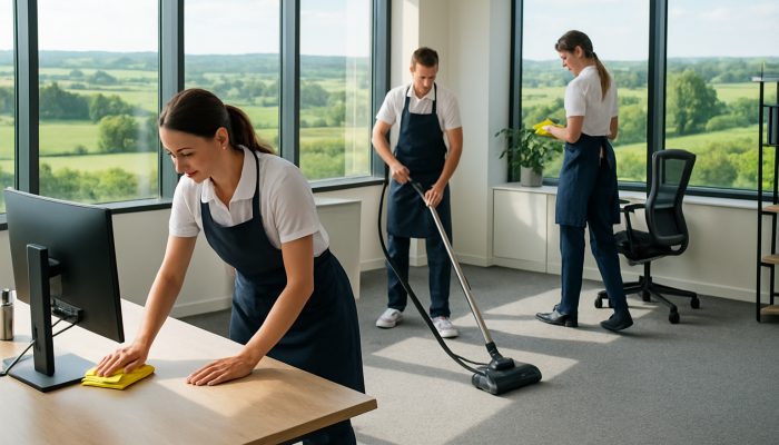 Professional cleaners diligently vacuuming a sunlit Poyntington office with scenic countryside views