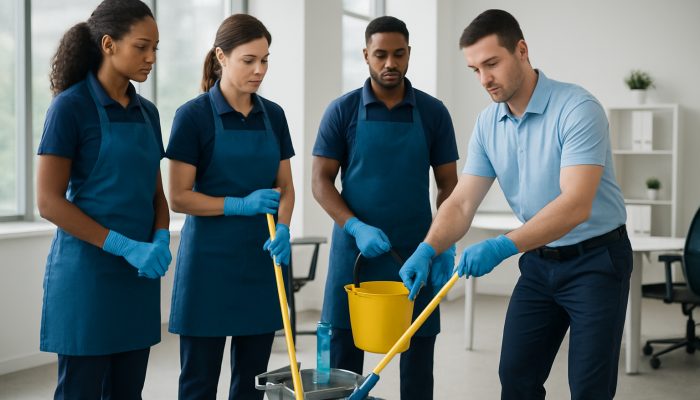 A cleaning team in uniforms receiving hands-on equipment and safety training in a modern office.