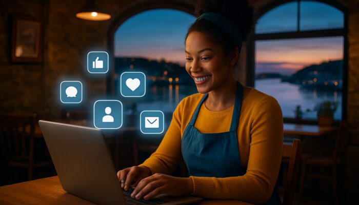 Small business owner managing social media on laptop in Kingsbridge coastal café overlooking glowing Devon estuary at dusk