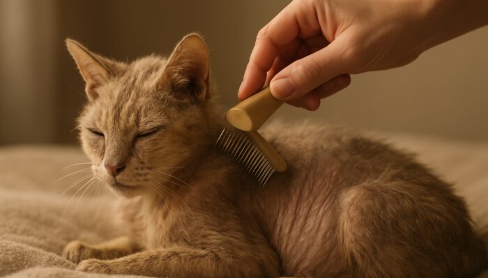 Groomer gently brushing an elderly cat's thinning fur on a soft blanket in warm light
