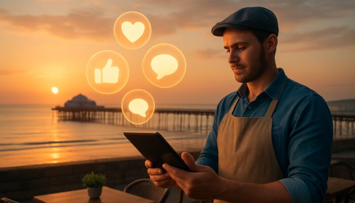 Café owner reviews positive social media metrics on tablet above Weston-super-Mare pier at sunset