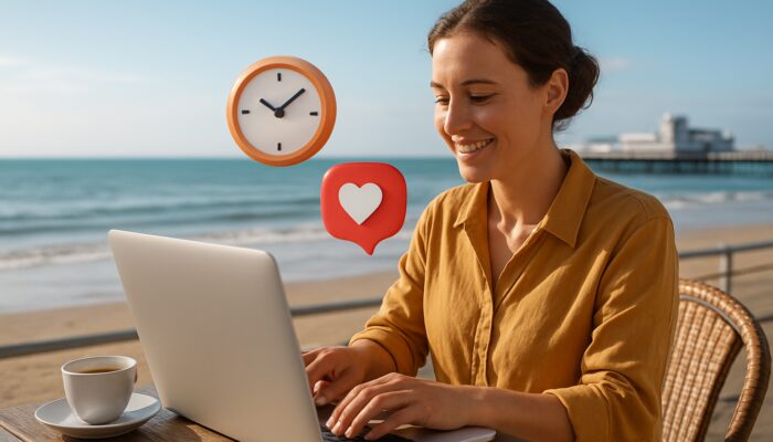 Small business owner organising social media posts on laptop at seaside café in Weston-super-Mare