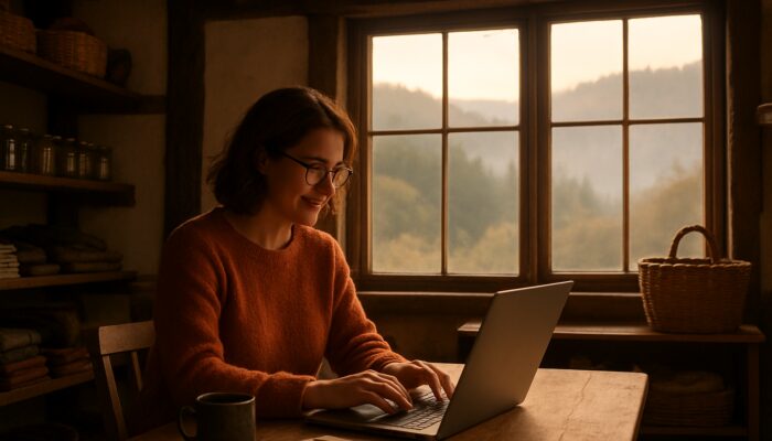 Local business owner blogging on a laptop in a rustic Lydney shop with scenic views of the misty Forest of Dean
