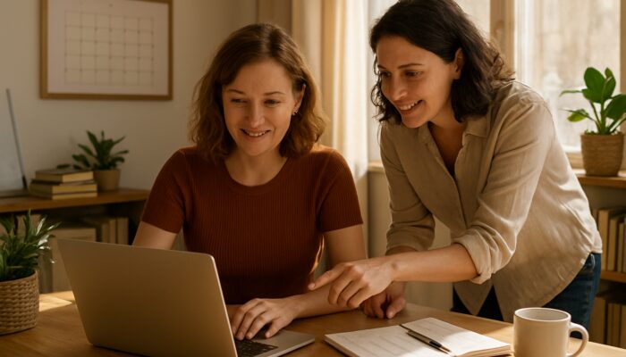 Lydney business owner planning blog posts on a laptop with a local expert in a sunlit office
