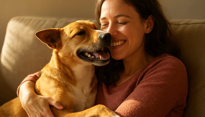 Rescue dog nuzzling smiling owner on sunlit couch, sharing love and healing adoption bond