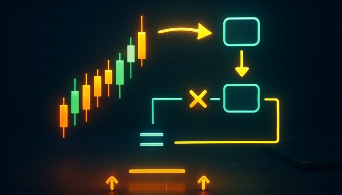 Illuminated candlestick chart showcasing ATR calculation steps, directional arrows, and true range computations