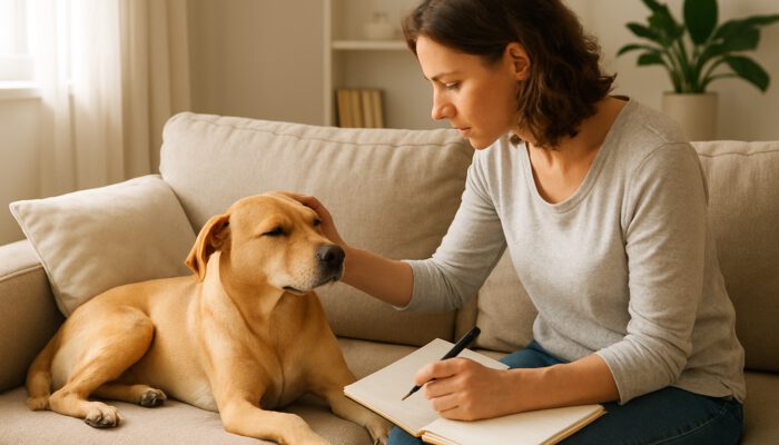 Owner recording observations about flea control while relaxing with dog
