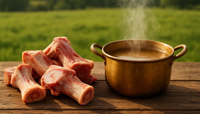 Rustic table with grass-fed cow bones and steaming pot of nutrient-rich bone broth in pasture.