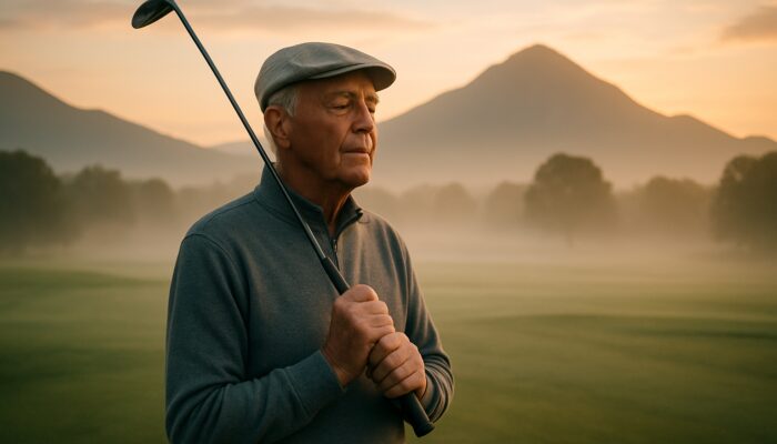 Elderly golfer eyes closed in focus on misty dawn fairway, symbolizing mental strength for seniors.