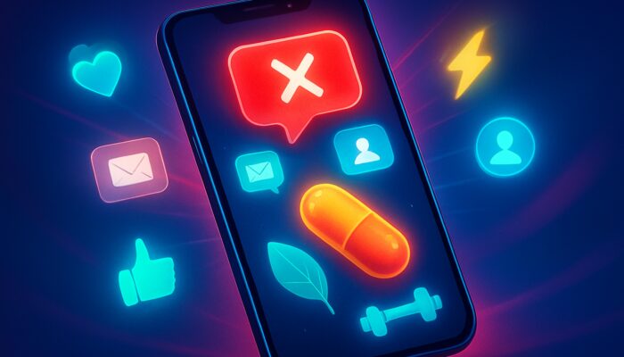 Smartphone screen displaying real-time X notifications, glowing supplements, and wellness icons