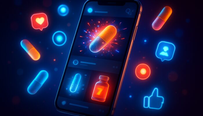 Futuristic smartphone displaying X feed with vibrant supplement ads and glowing capsules.