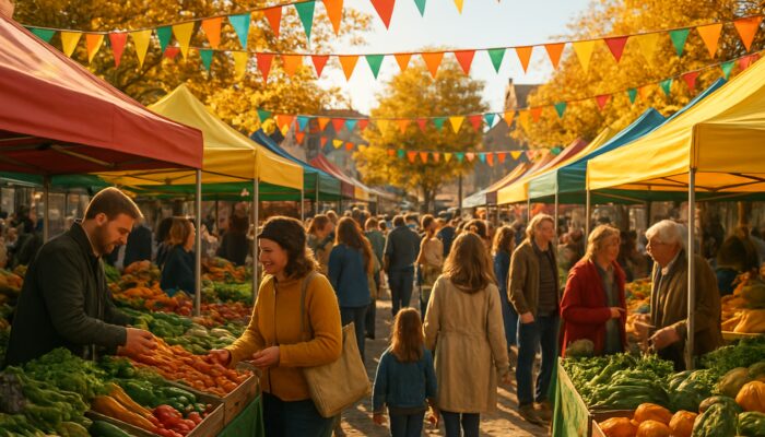 Vibrant Totnes Food Festival market with colorful stalls, fresh produce, and joyful crowds in autumn sunlight.