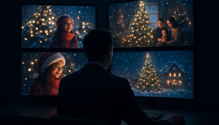 Strategist reviewing competitors' festive holiday video campaigns and metrics on glowing screens in a dimly lit room.