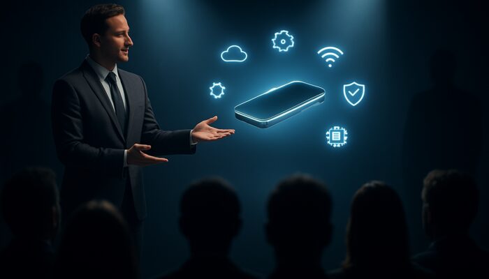 Live product demonstration of a standout gadget with tech icons versus shadowy competitors before an audience.
