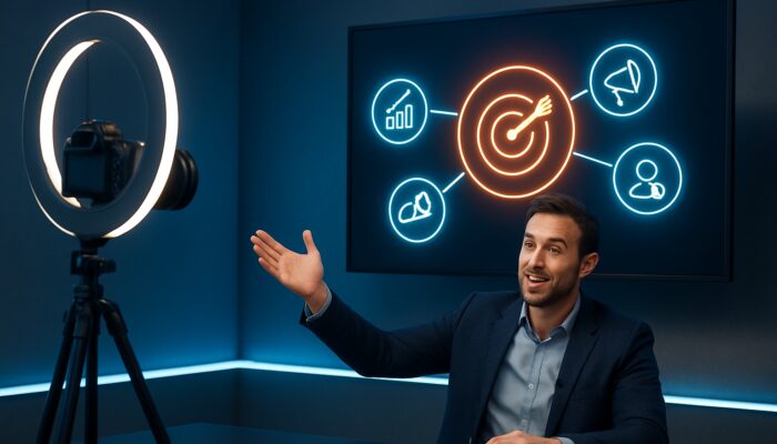 Marketer scripting a product demo video in a sleek studio with glowing sales goal icons.