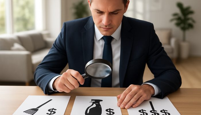 Businessperson reviewing cleaning quotes with a magnifying glass, in a modern, sparkling home setting.