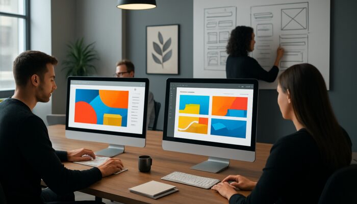 Expert designers in a vibrant Marlborough studio creating dynamic WordPress websites on glowing screens.