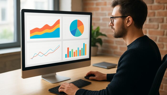 Web designer analysing Google Analytics dashboards with colourful KPI charts in Marlborough office