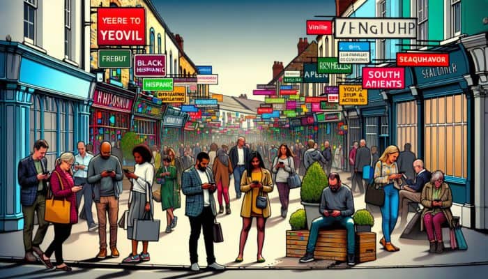 A busy street in Yeovil showing shops and people using mobile devices for local service searches, demonstrating the importance of digital marketing.