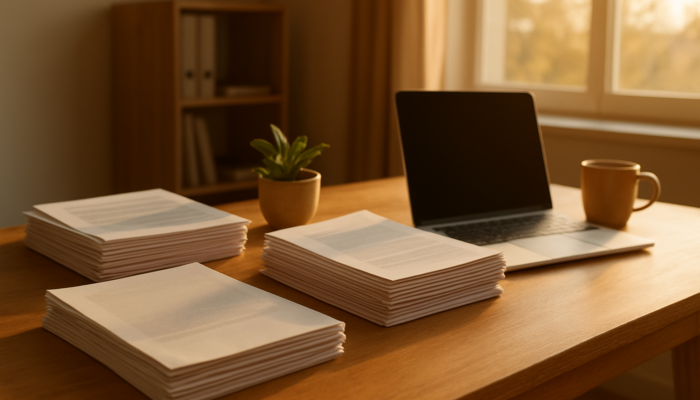 Organized desk in Beaufort West office showcasing stacked loan documents such as bank statements under warm sunlight.