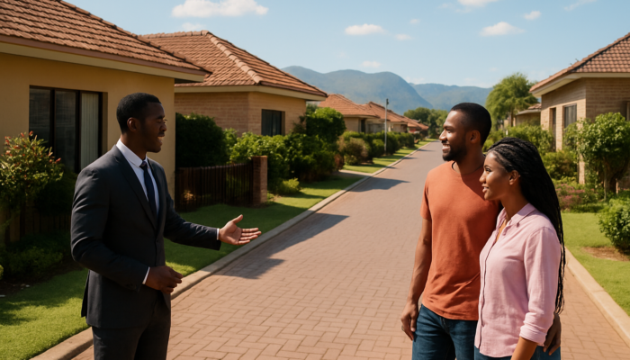 Couple viewing modern homes with a real estate agent on a busy Thohoyandou street under a sunny sky.