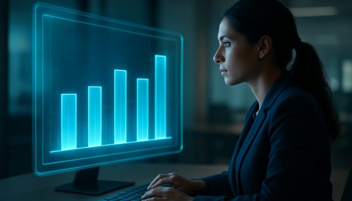 Marketer evaluating a holographic dashboard displaying glowing bar charts that compare video ad engagement rates to industry benchmarks.