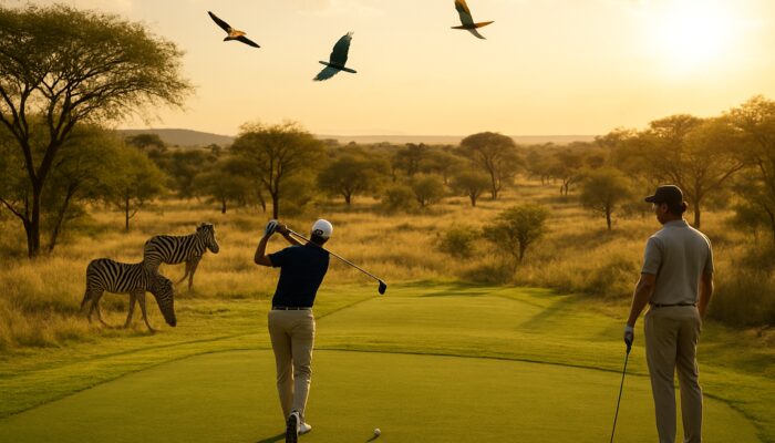 Golfers teeing off on Serengeti course amidst zebras and birds in the golden South African bushveld sunlight.