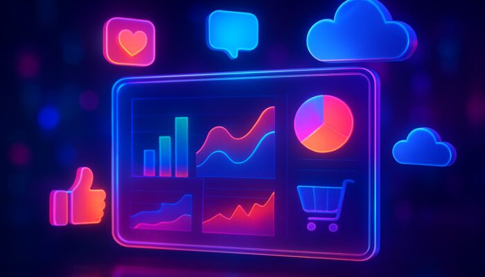 Holographic dashboard featuring colourful social commerce metrics graphs, engagement data, and cloud hosting icons in a neon tech environment.