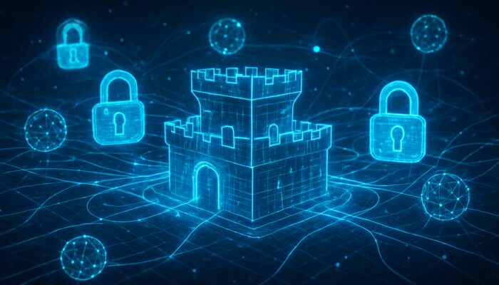 Futuristic digital fortress with luminous data streams and glowing locks symbolizing secure database management.