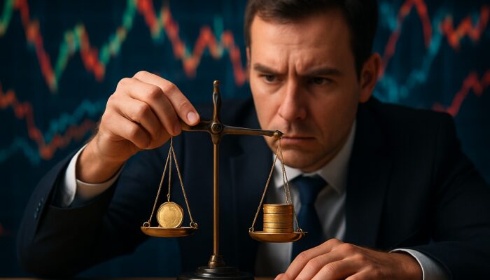 Trader balancing golden coins on a scale amid stock charts while considering position sizing and risk management