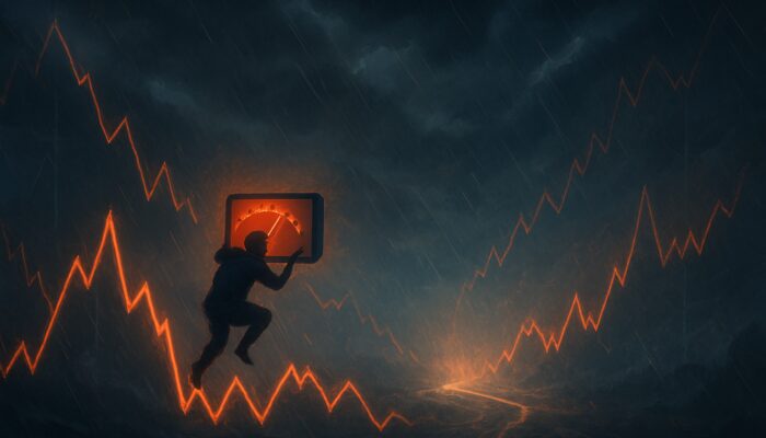 Trader fixated on fluctuating RSI gauge in a tumultuous market with converging charts ahead