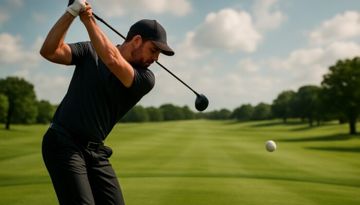Golfer striking a low-spin golf ball soaring straight over a lush fairway for improved distance and control