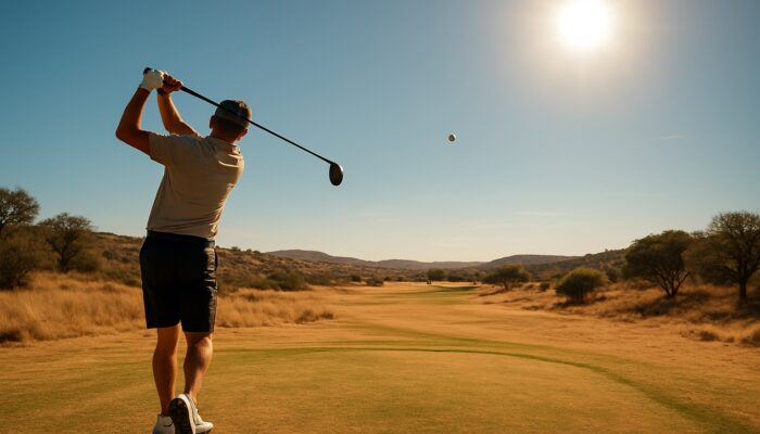 Golfer swings low-spin ball on a sun-baked South African course under a scorching summer sky