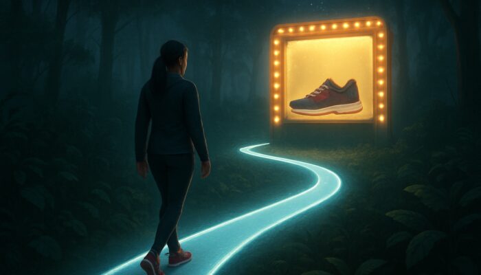 Glowing path labelled "women's running shoes for flat feet" leading searcher through misty jungle to shoe purchase.