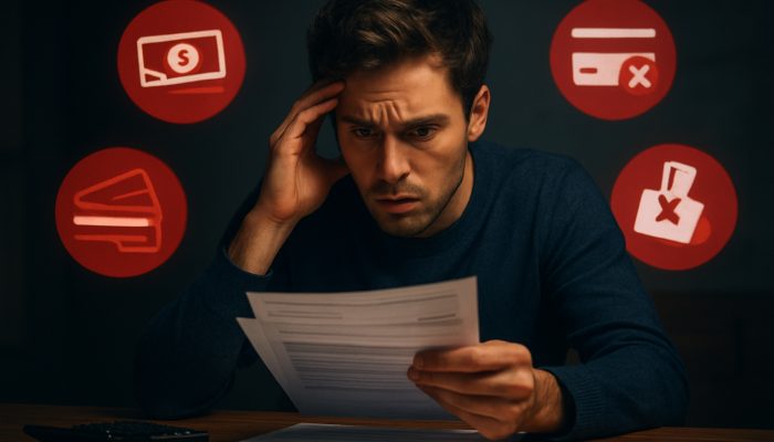 Worried person reviewing bank statements with red icons indicating overdrafts and maxed credit cards.