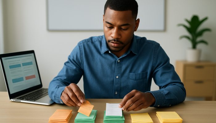 Person sorting colourful receipts into categories like groceries, travel, and entertainment alongside laptop displaying Barclays and HSBC alerts.